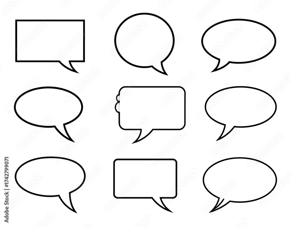 Obraz premium A set of nine black line-drawn speech bubbles in various shapes and sizes on a white background.