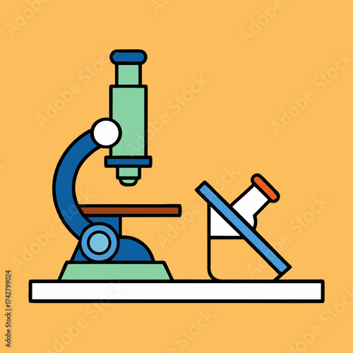 A microscope and chemical bottle on a lab bench with orange background