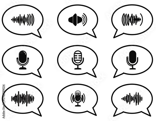 A set of nine black and white icons featuring microphones and sound waves in speech bubbles on a plain white background.