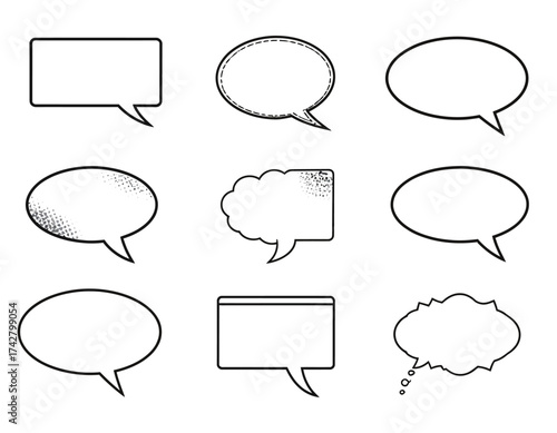 Collection of nine black and white speech bubbles on a white background in various shapes and styles.