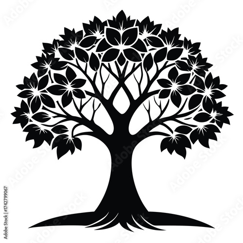 Silhouette of a stylized tree with flower leaves and visible roots against a white background