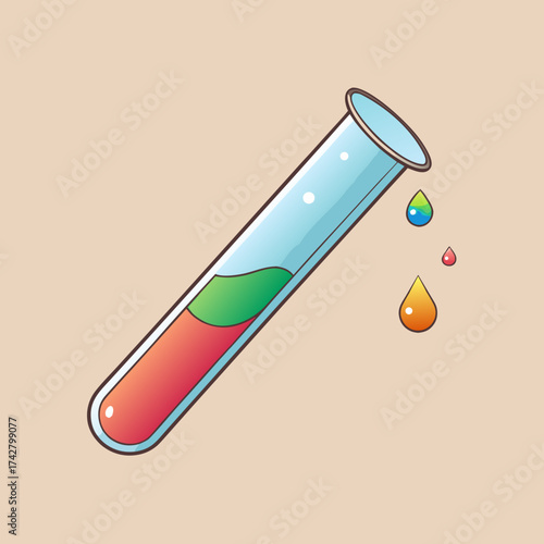 A test tube spilling colorful liquids with drops on a beige background