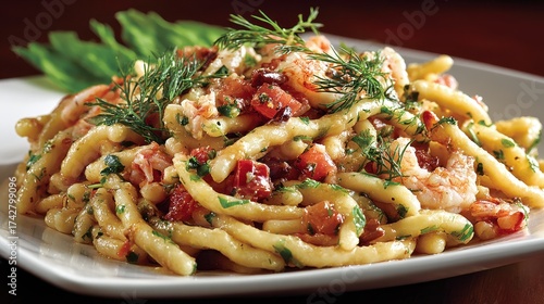 A plate of delicious strozzapreti pasta with tomato and herbs