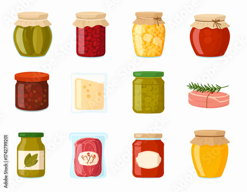 Flat lay illustration of various food items including jars of sauce and preserves, cheese, and meat on a clean white background.