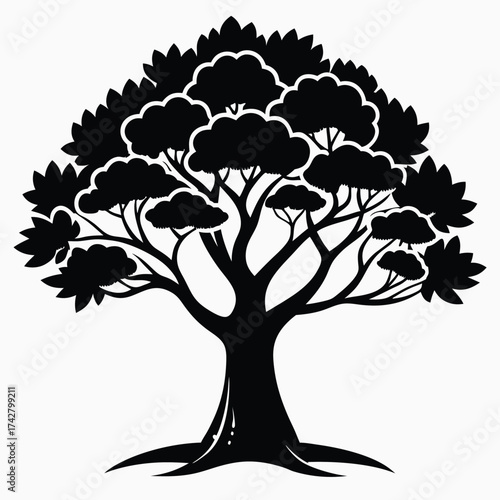 Silhouette tree shows intricate branching and leaf details, providing a stark contrast