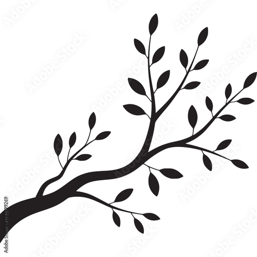 Vector art of black tree branch with leaves