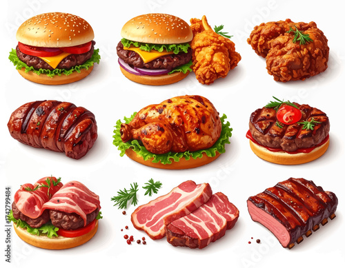 Flat lay of various grilled meats and sandwiches including burgers and fried chicken on a white background with a focus on food.