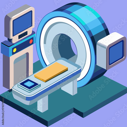 Isometric Illustration of Medical MRI Scanner and Control Panel