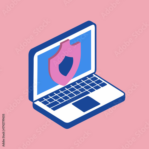 Isometric Laptop Showing Shield Indicating Data Protection