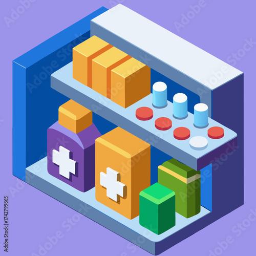 Isometric Pharmacy Shelf Filled With Medicine And Drugs