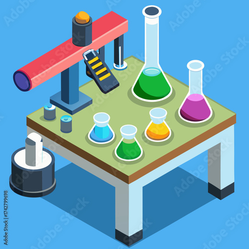 Isometric view of laboratory table with scientific equipment