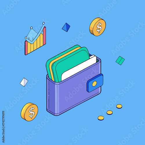 Isometric wallet with floating transaction icons and financial charts