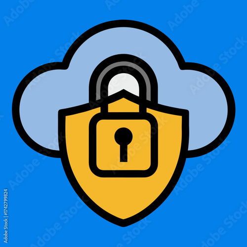 Protected cloud symbol with shield and padlock on blue background