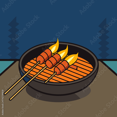 Satay Skewers on Grill with Flames Against a Dark Background