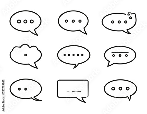 A flat lay of various black and white speech bubbles on a plain white background with simple line art.