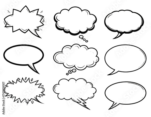 A collection of nine different comic book-style speech bubbles on a white background with a graphic design aesthetic.