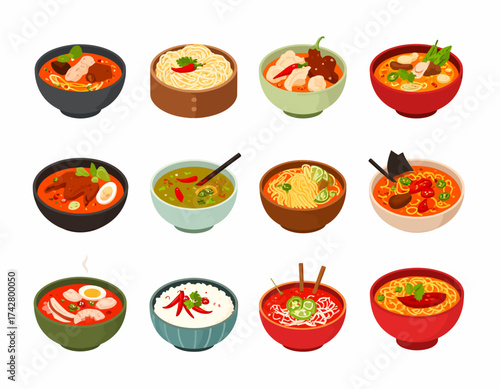 Collection of twelve bowls of various soups and stews with different ingredients arranged on a clean white background in a flat lay composition.