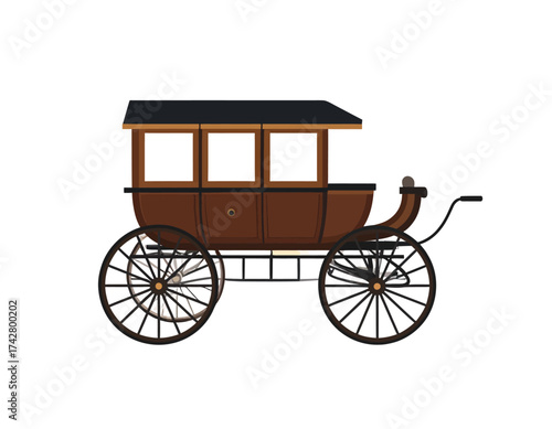 Illustration of a traditional horse-drawn carriage with a brown body and black roof on a white background.