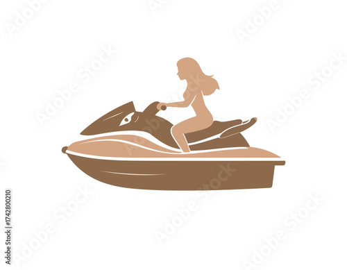 Brown silhouette of a woman riding a jet ski against a white background with a minimalist design.