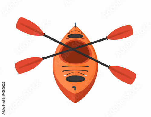 Overhead view of an orange kayak with crossed paddles on a white background.