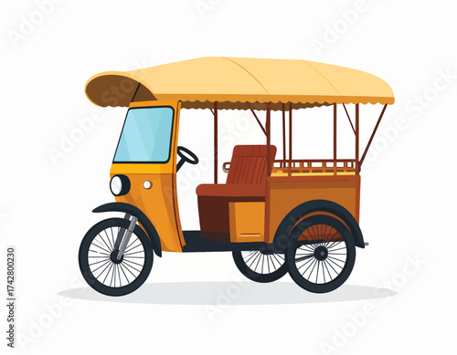 Illustration of a yellow and brown tuk-tuk with a canopy roof on a white background, showcasing its distinctive design and seating.