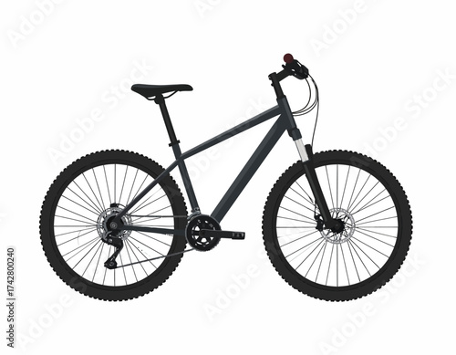 A sleek black mountain bike with a red brake lever, positioned against a clean white background, showcasing its frame, wheels, and handlebars.