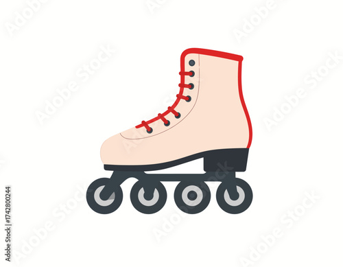 A pink roller skate with red laces and trim on a white background with a minimalist flat design style.