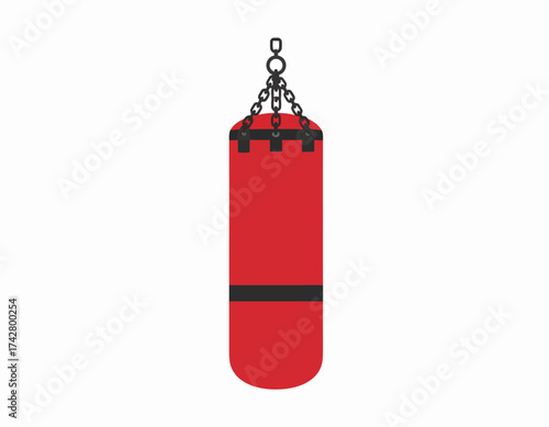 A red punching bag hangs from chains against a plain white background with a black stripe.