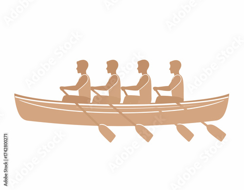 Flat illustration of four people rowing a boat with oars from a side view on a white background.