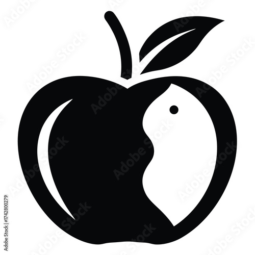 A bitten apple shows a missing chunk represented in a minimalist black and white glyph