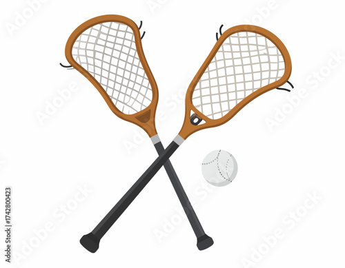 Two orange lacrosse rackets crossed over each other with a white ball on a plain white background.