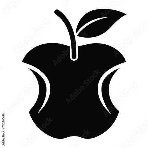 drawing shows an apple core with a leaf and stem in black