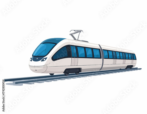 An illustration of a white and blue modern electric train on tracks against a plain white background.