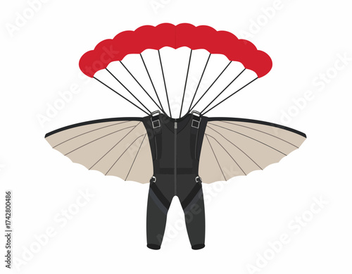 A black wing suit with a red parachute against a white background.