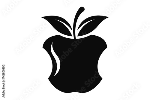 Black apple core with stem and leaves shows a simple minimalist outline