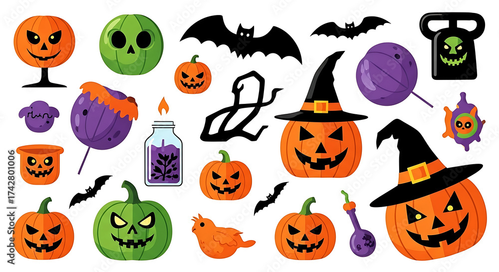 Fototapeta premium Collection of spooky halloween decorations and characters for holiday celebrations