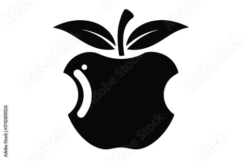 Simplified black apple silhouette with two bites removed and a pair of leaves