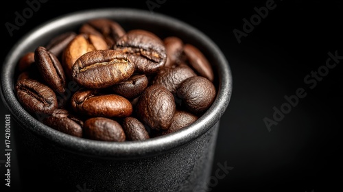 Close up of roasted coffee beans inside a black cup