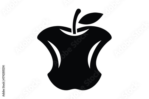 Black silhouette reveals an apple core with a stem and leaf on white