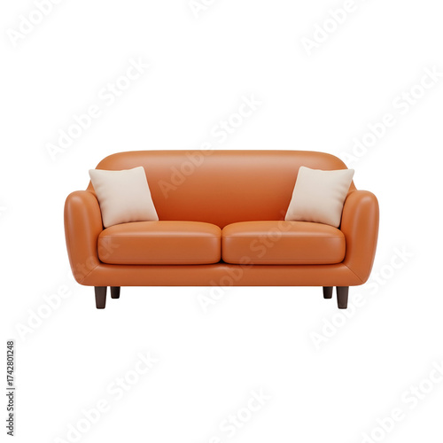 3d icon of a modern, comfortable orange twoseater sofa with two lightcolored throw pillows, isolated on transparent background