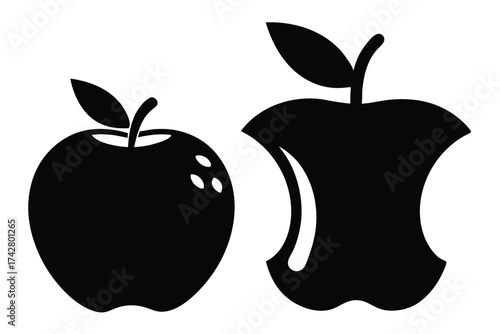 Two black apple shapes are featured, one complete and another eaten on a white background