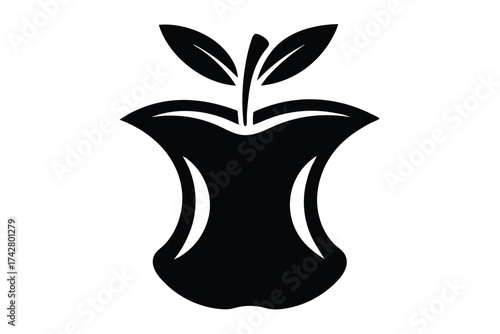 Minimalist black silhouette of apple core with attached leaves shows remains