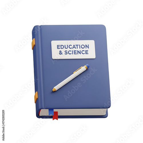 3d icon of a closed blue book with the title education science on a white label and a pen on top, isolated on transparent background