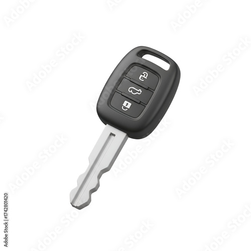3d icon of a modern car key fob with three buttons for locking, unlocking, and trunk release, attached to a silver key blade, isolated on transparent background