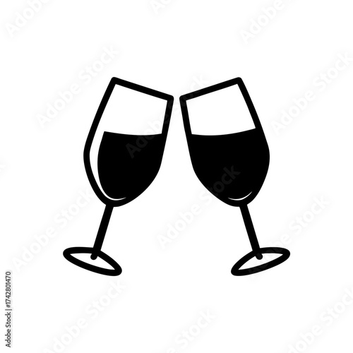 Two wine glasses clinking together on transparent background silhouette