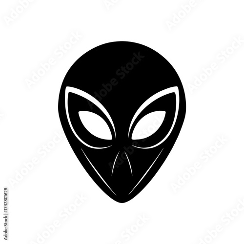 Black alien head with white eyes on transparent background silhouette