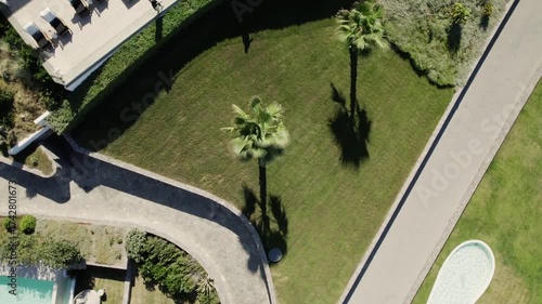 Luxury resort for wealthy. Drone view swimming pool, and country house in Italy overlooking sea