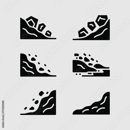 Set of six minimalist vector icons illustrating landslides and rockfalls scalable eps graphics vector