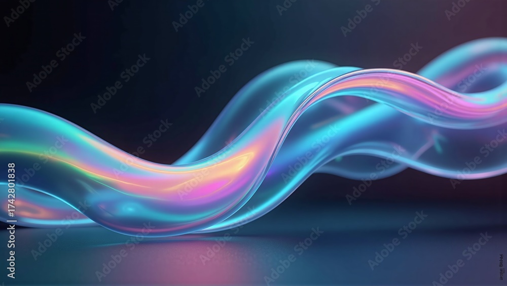 Naklejka premium Curved iridescent glass tube with glowing neon reflections