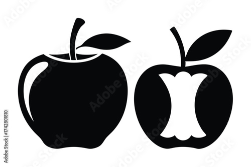 Black silhouette shows a whole apple and a partially eaten one with white core